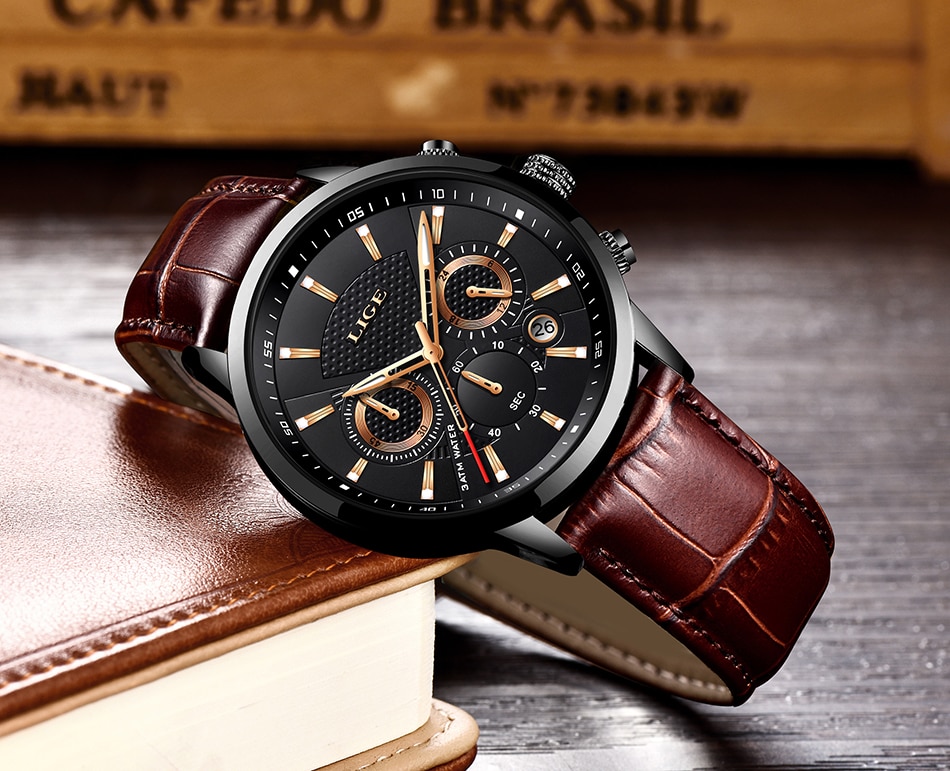 2021 New Mens Watches LIGE Top Brand Luxury Leather Casual Quartz Watch Men's Sport Waterproof Clock Watch Relogio Masculino+Box