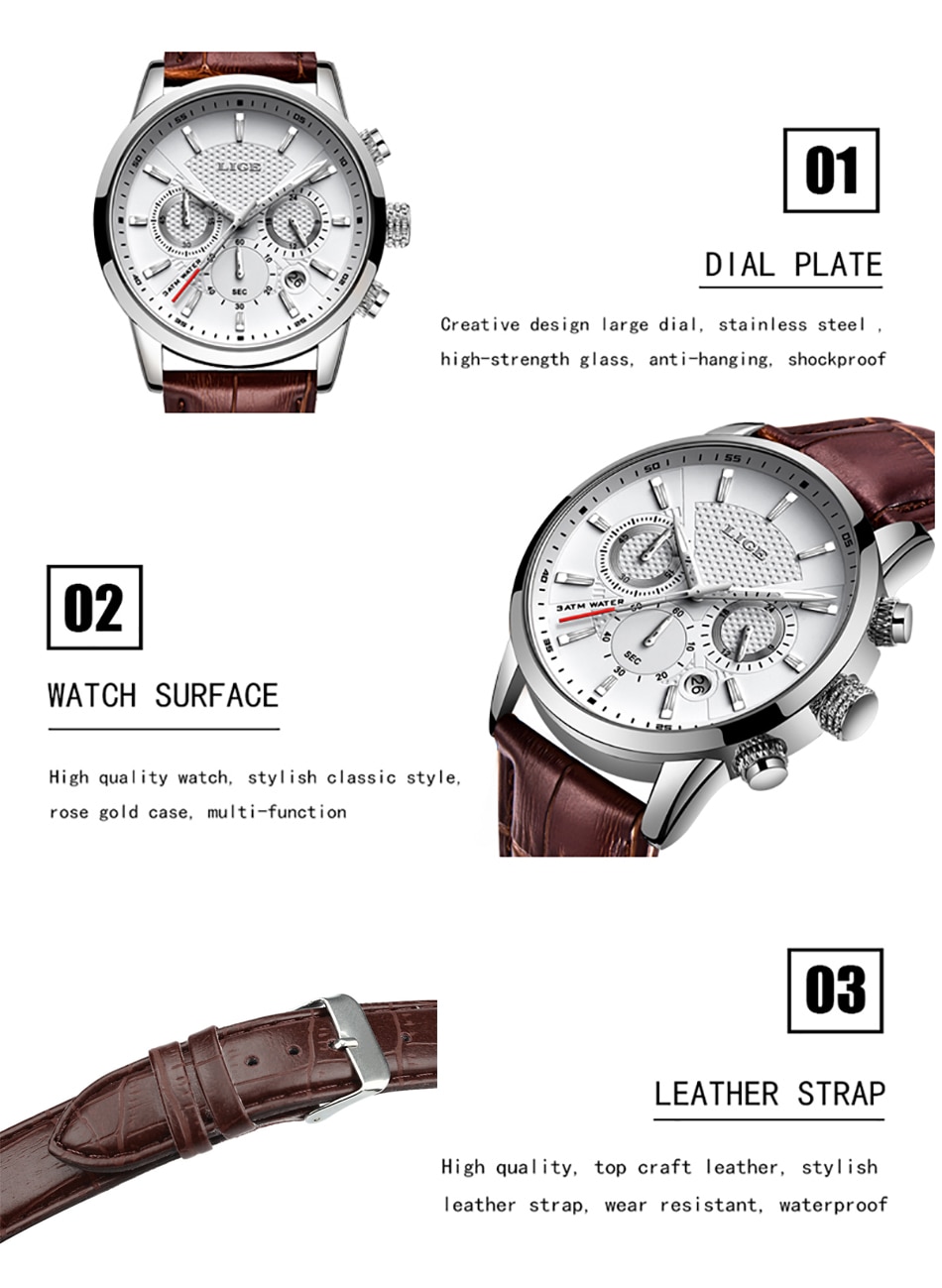 2021 New Mens Watches LIGE Top Brand Luxury Leather Casual Quartz Watch Men's Sport Waterproof Clock Watch Relogio Masculino+Box