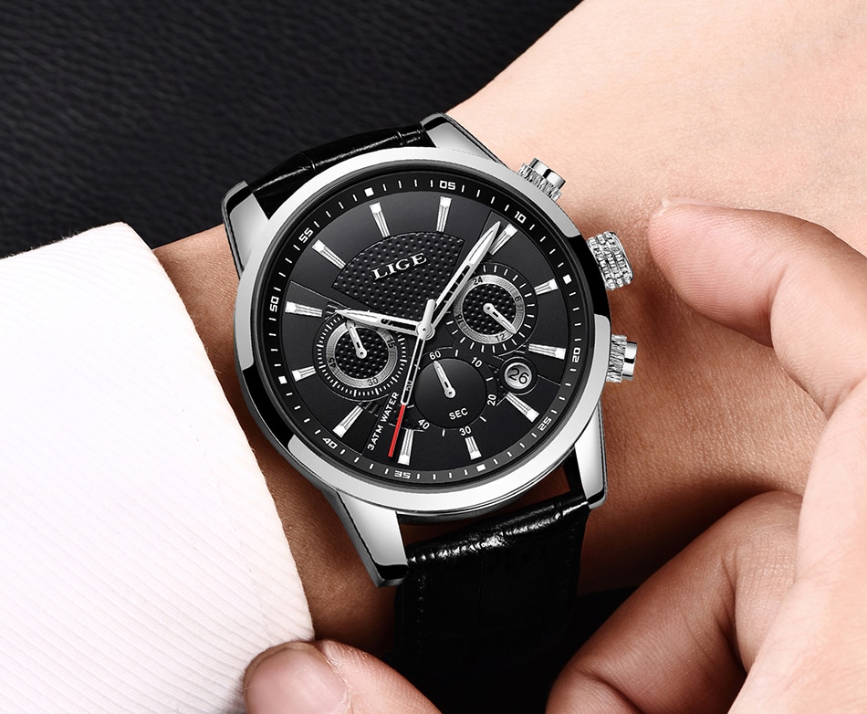 2021 New Mens Watches LIGE Top Brand Luxury Leather Casual Quartz Watch Men's Sport Waterproof Clock Watch Relogio Masculino+Box