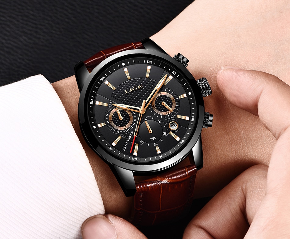 2021 New Mens Watches LIGE Top Brand Luxury Leather Casual Quartz Watch Men's Sport Waterproof Clock Watch Relogio Masculino+Box
