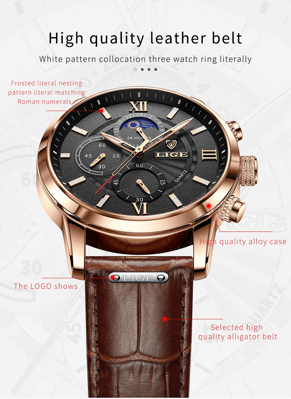 2021 New Mens Watches LIGE Top Brand Luxury Leather Casual Quartz Watch Men's Sport Waterproof Clock Watch Relogio Masculino+Box