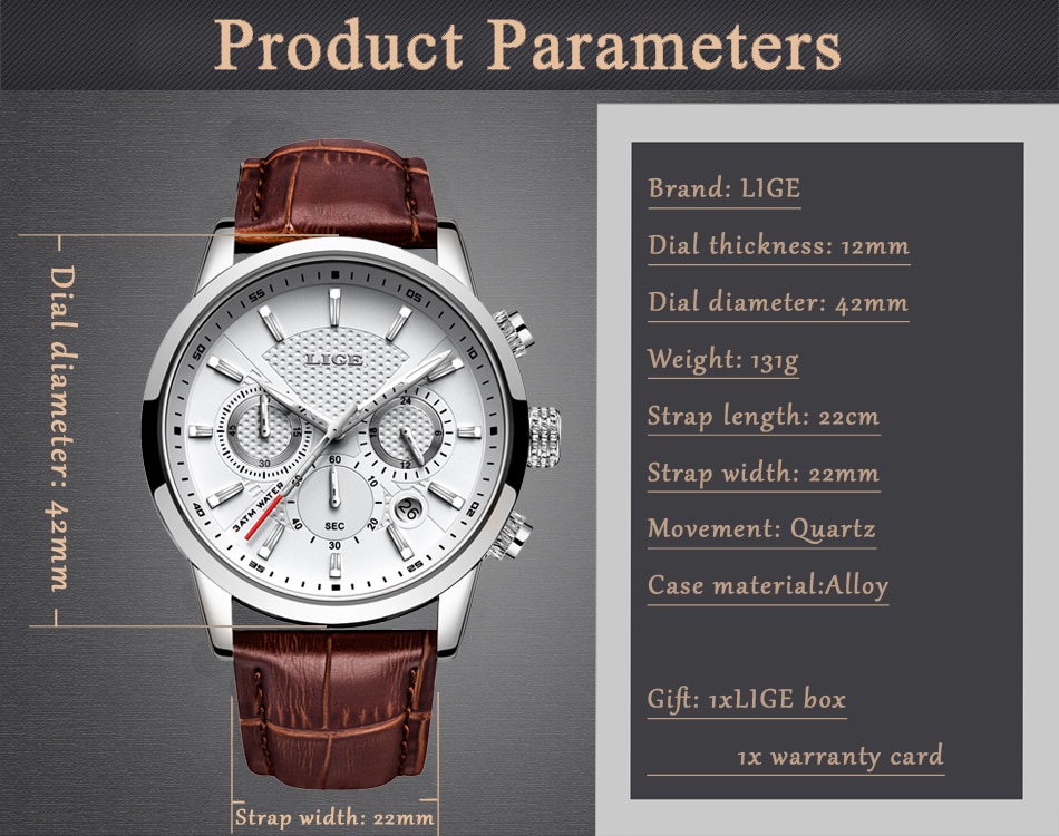 2021 New Mens Watches LIGE Top Brand Luxury Leather Casual Quartz Watch Men's Sport Waterproof Clock Watch Relogio Masculino+Box