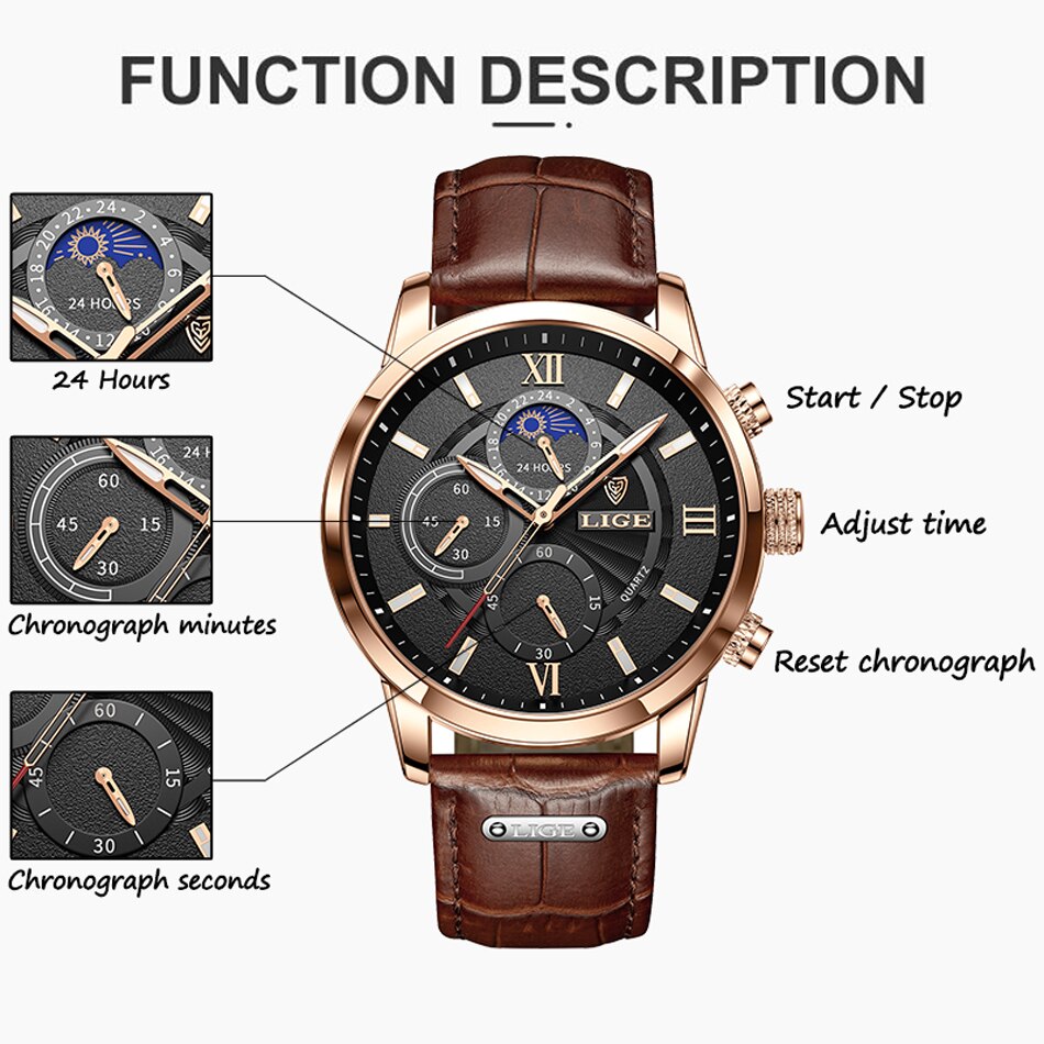 2021 New Mens Watches LIGE Top Brand Luxury Leather Casual Quartz Watch Men's Sport Waterproof Clock Watch Relogio Masculino+Box