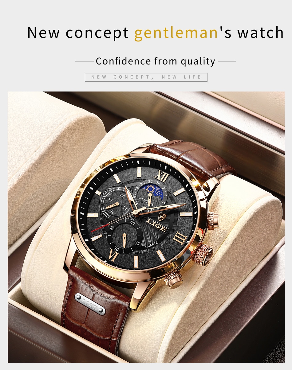 2021 New Mens Watches LIGE Top Brand Luxury Leather Casual Quartz Watch Men's Sport Waterproof Clock Watch Relogio Masculino+Box