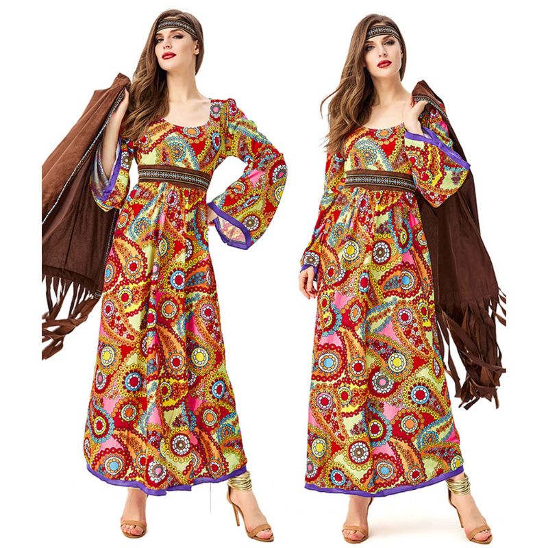 Women 70s Disco Hippie Costume Set Colorful Floral Maxi Long Dress Halloween Dancer Cosplay Carnival Party Dress Up Women 70s Disco Hippie Costume Set Colorful Floral Maxi Long Dress Halloween Dancer Cosplay Carnival Party Dress Up