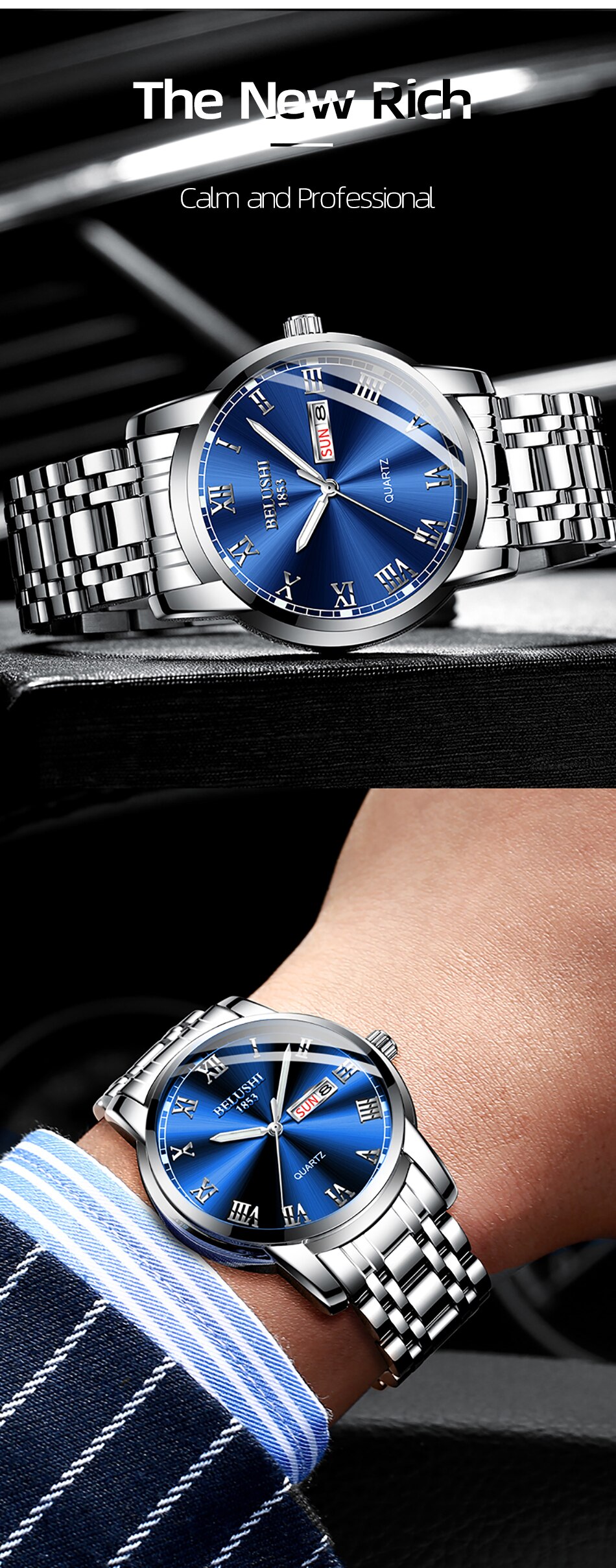 BELUSHI Top Brand Luxury Mens Watches Luminous Waterproof Stainless Steel Watch Quartz Men Date Calendar Business Wristwatch BELUSHI Top Brand Luxury Mens Watches Luminous Waterproof Stainless Steel Watch Quartz Men Date Calendar Business Wristwatch