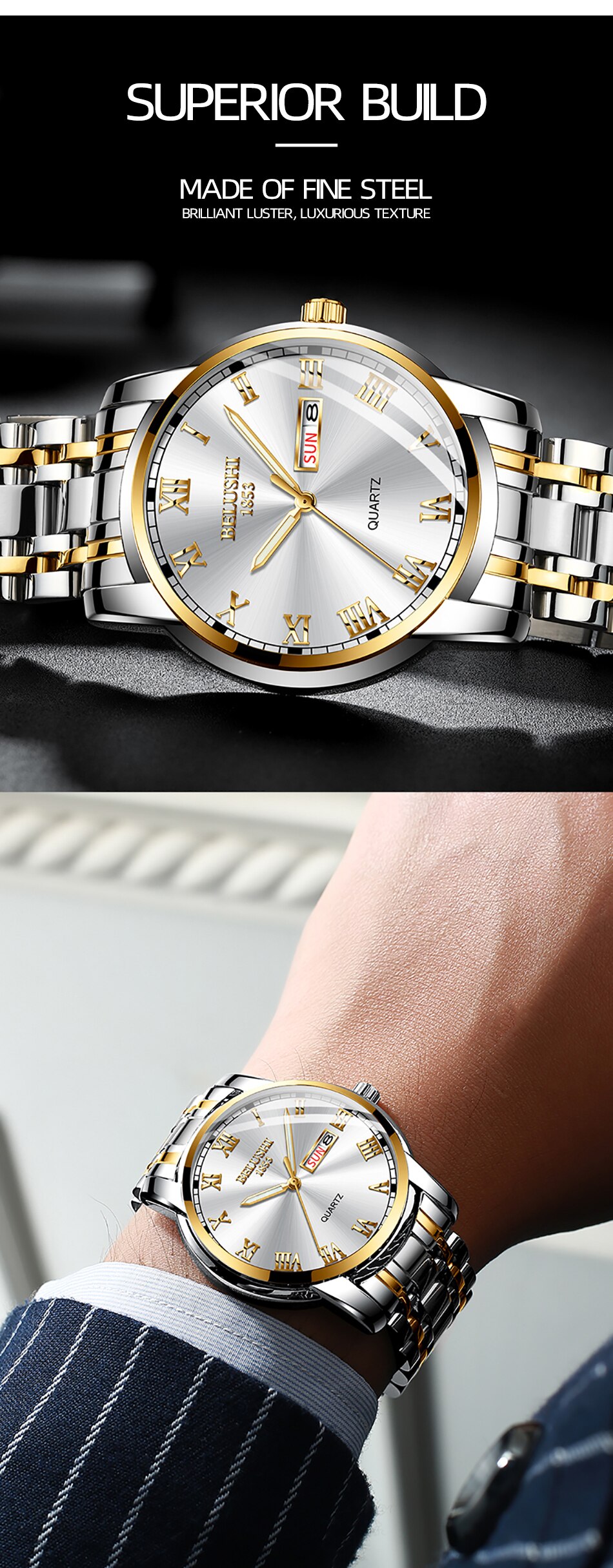 BELUSHI Top Brand Luxury Mens Watches Luminous Waterproof Stainless Steel Watch Quartz Men Date Calendar Business Wristwatch BELUSHI Top Brand Luxury Mens Watches Luminous Waterproof Stainless Steel Watch Quartz Men Date Calendar Business Wristwatch