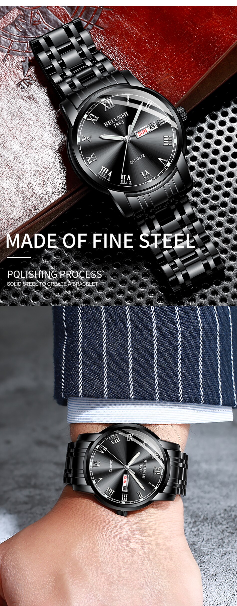 BELUSHI Top Brand Luxury Mens Watches Luminous Waterproof Stainless Steel Watch Quartz Men Date Calendar Business Wristwatch BELUSHI Top Brand Luxury Mens Watches Luminous Waterproof Stainless Steel Watch Quartz Men Date Calendar Business Wristwatch