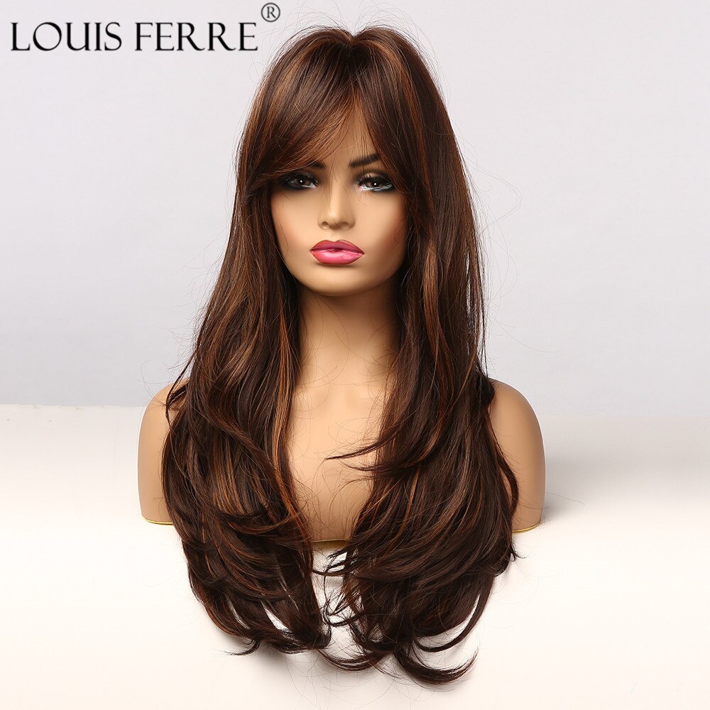 LOUIS FERRE Highlight Colored Wig for Women Long Wave Brown Blonde Ombre Bob Hair Wig with Bangs Daily Heat Resistant Fibre