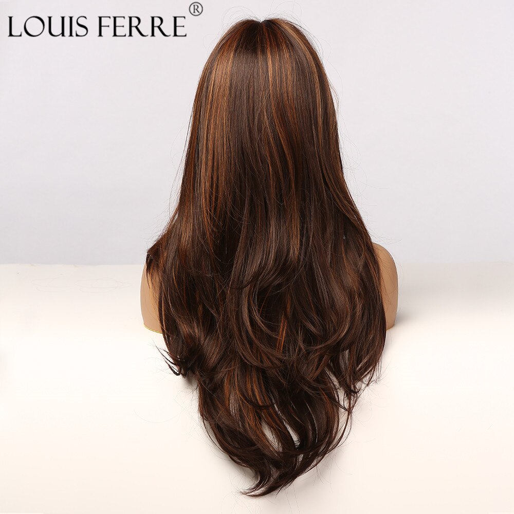 LOUIS FERRE Highlight Colored Wig for Women Long Wave Brown Blonde Ombre Bob Hair Wig with Bangs Daily Heat Resistant Fibre