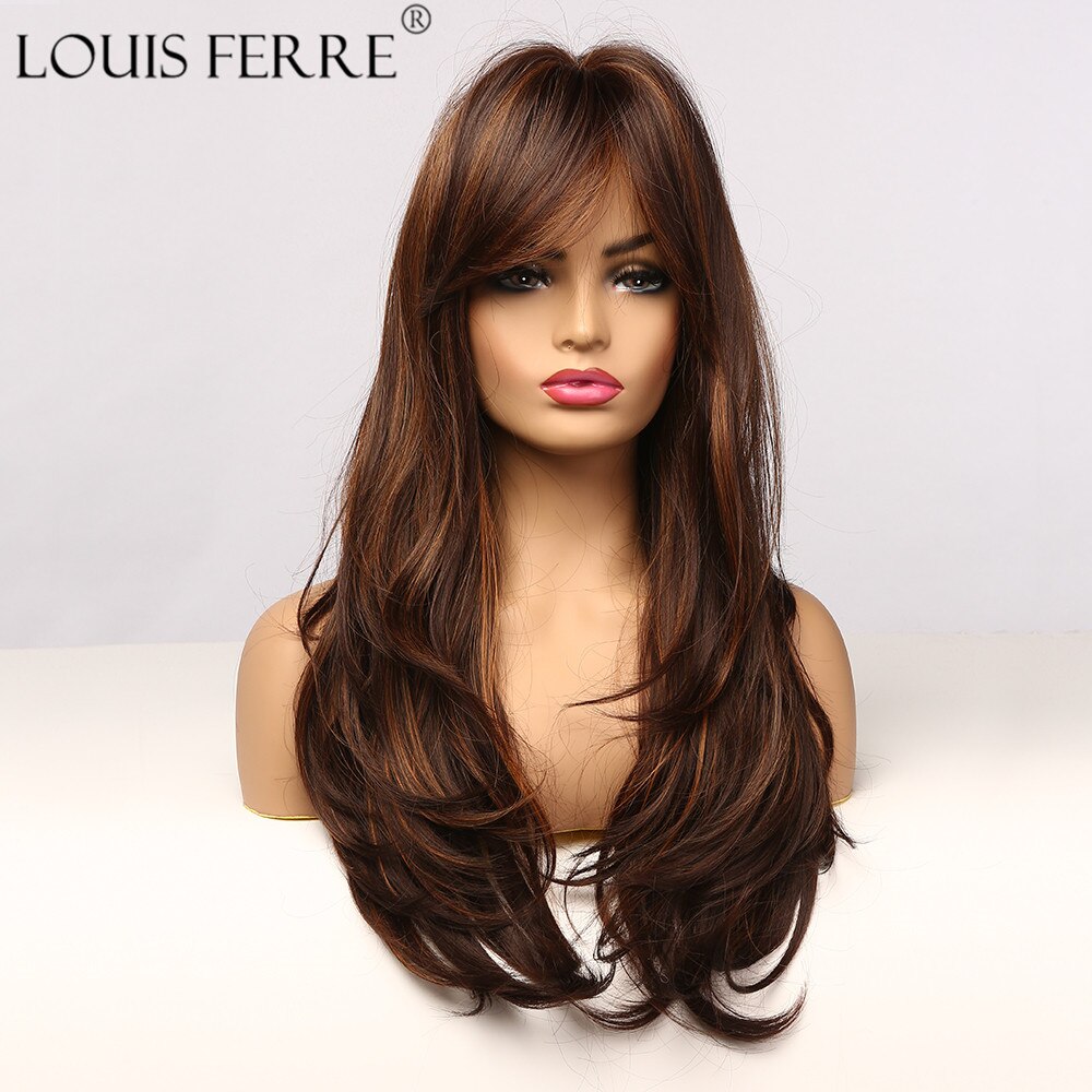 LOUIS FERRE Highlight Colored Wig for Women Long Wave Brown Blonde Ombre Bob Hair Wig with Bangs Daily Heat Resistant Fibre