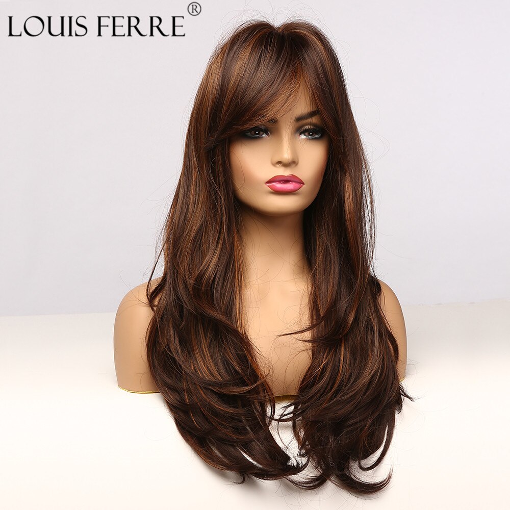LOUIS FERRE Highlight Colored Wig for Women Long Wave Brown Blonde Ombre Bob Hair Wig with Bangs Daily Heat Resistant Fibre