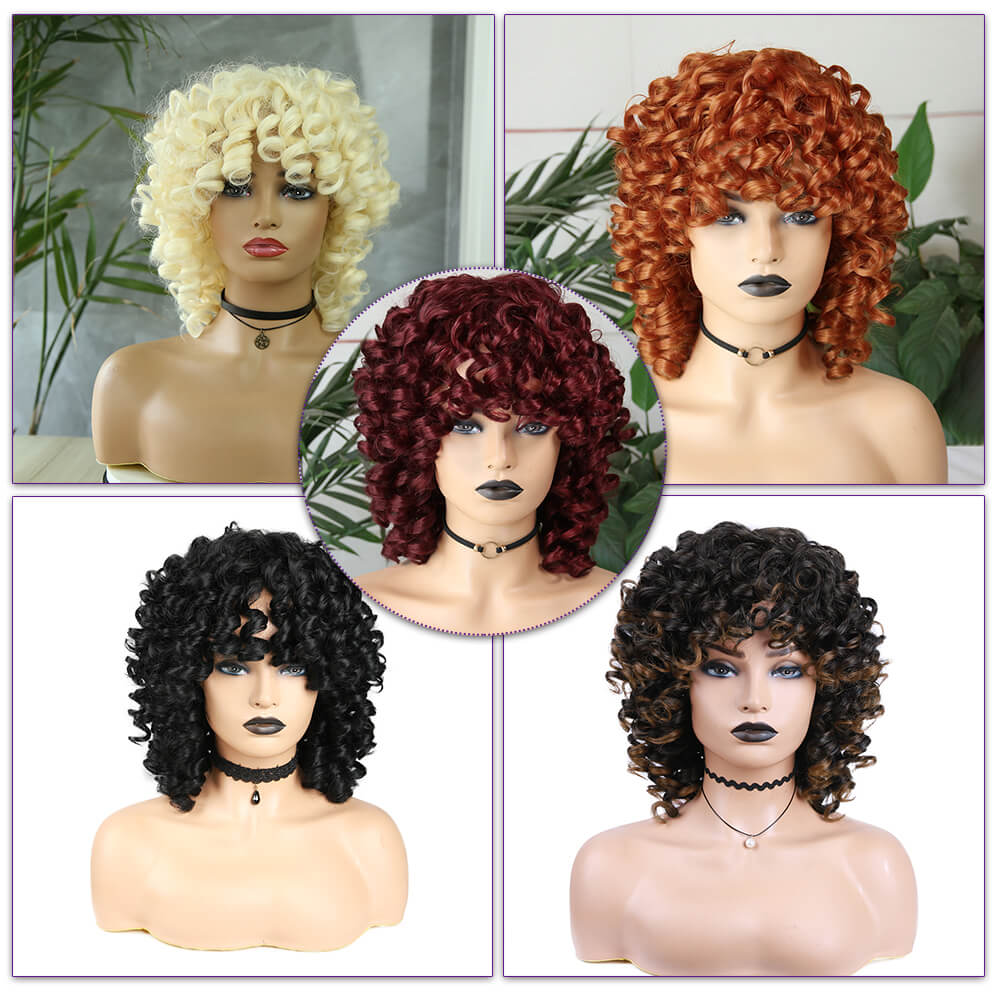 FAVE Afro Kinky Curly Wig With Bangs Black Red Synthetic Hair Shoulder LengthHeat Resistant Fiber For Africa America Black Women