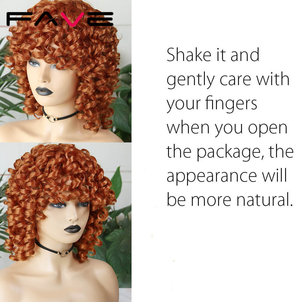 FAVE Afro Kinky Curly Wig With Bangs Black Red Synthetic Hair Shoulder LengthHeat Resistant Fiber For Africa America Black Women