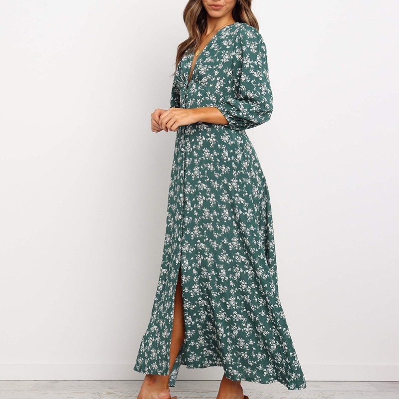 Women Chiffon Long Dress Floral Print Lantern Sleeve A-line Maxi Vestidos Autumn New Elegant Vintage V Neck Winter Dresses