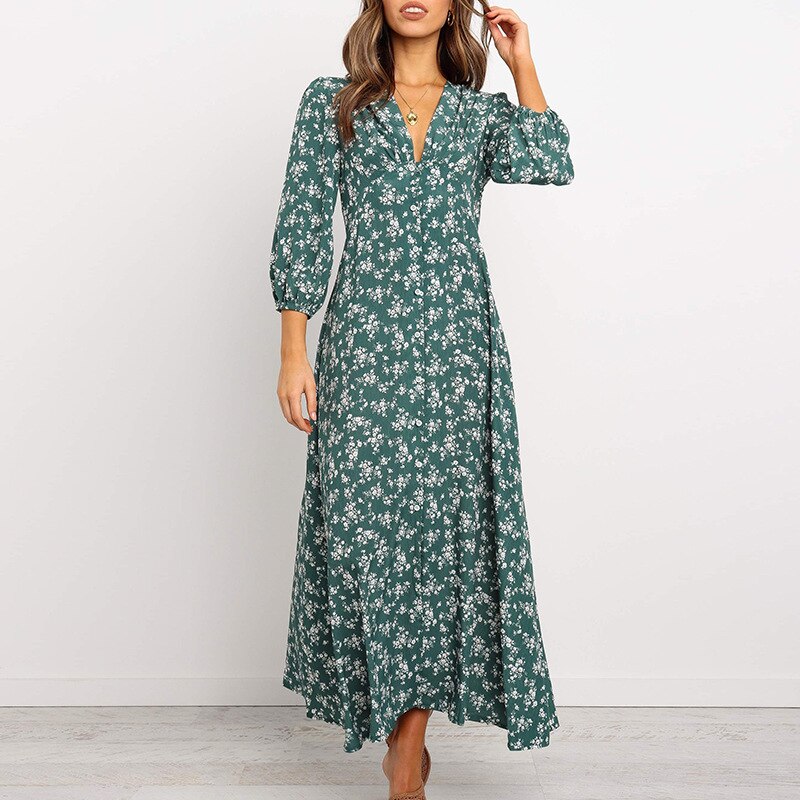 Women Chiffon Long Dress Floral Print Lantern Sleeve A-line Maxi Vestidos Autumn New Elegant Vintage V Neck Winter Dresses