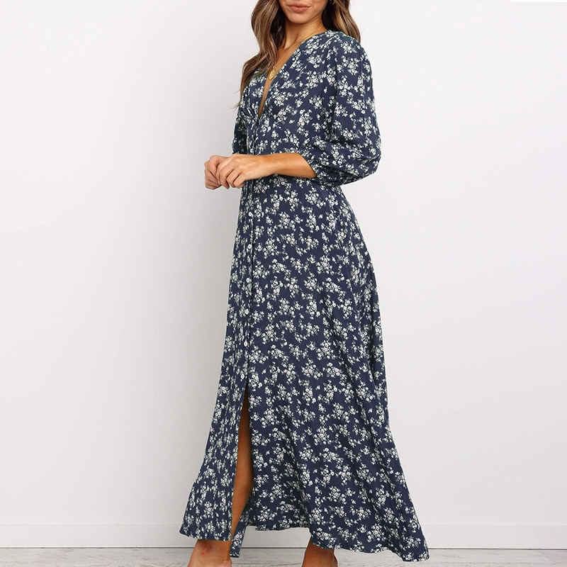 Women Chiffon Long Dress Floral Print Lantern Sleeve A-line Maxi Vestidos Autumn New Elegant Vintage V Neck Winter Dresses