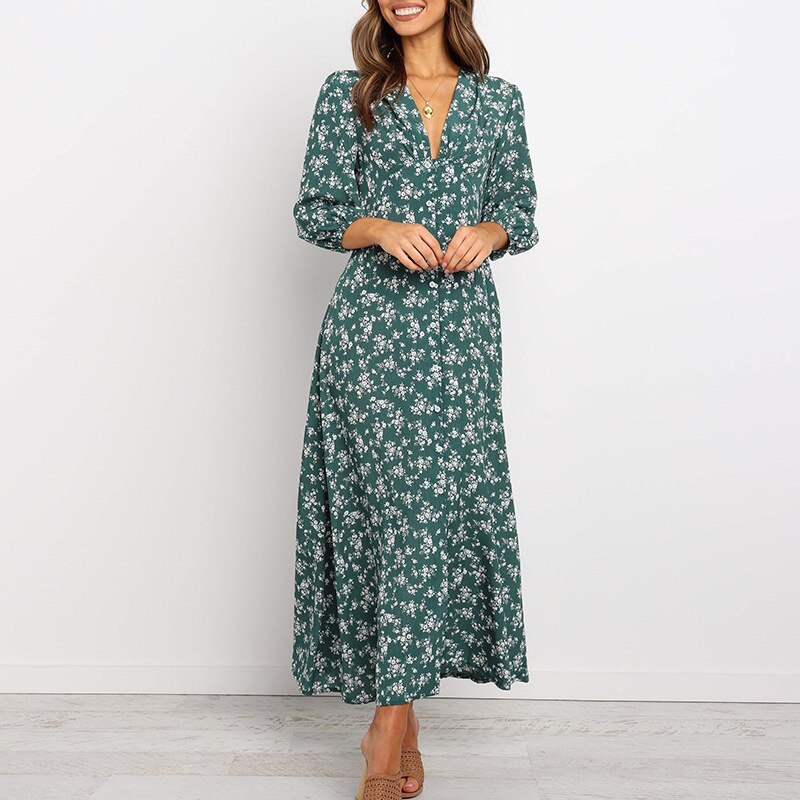 Women Chiffon Long Dress Floral Print Lantern Sleeve A-line Maxi Vestidos Autumn New Elegant Vintage V Neck Winter Dresses