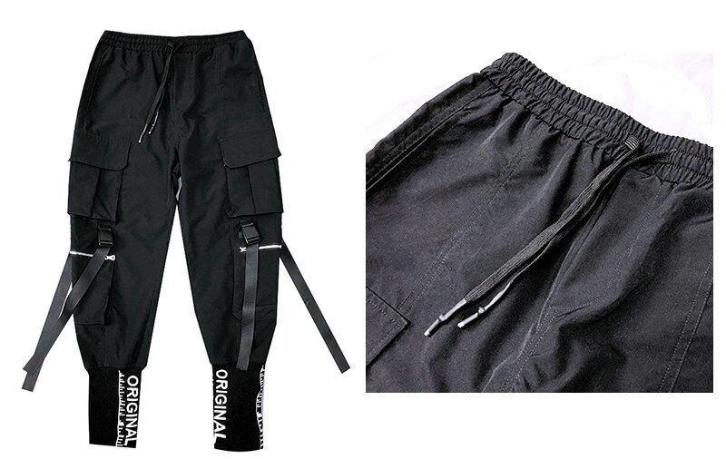 Hip Hop Men Ribbons Cargo Pants Fashion Harajuku 2020 New Elastic Waist Casual Streetwear Mens Joggers Trousers Black