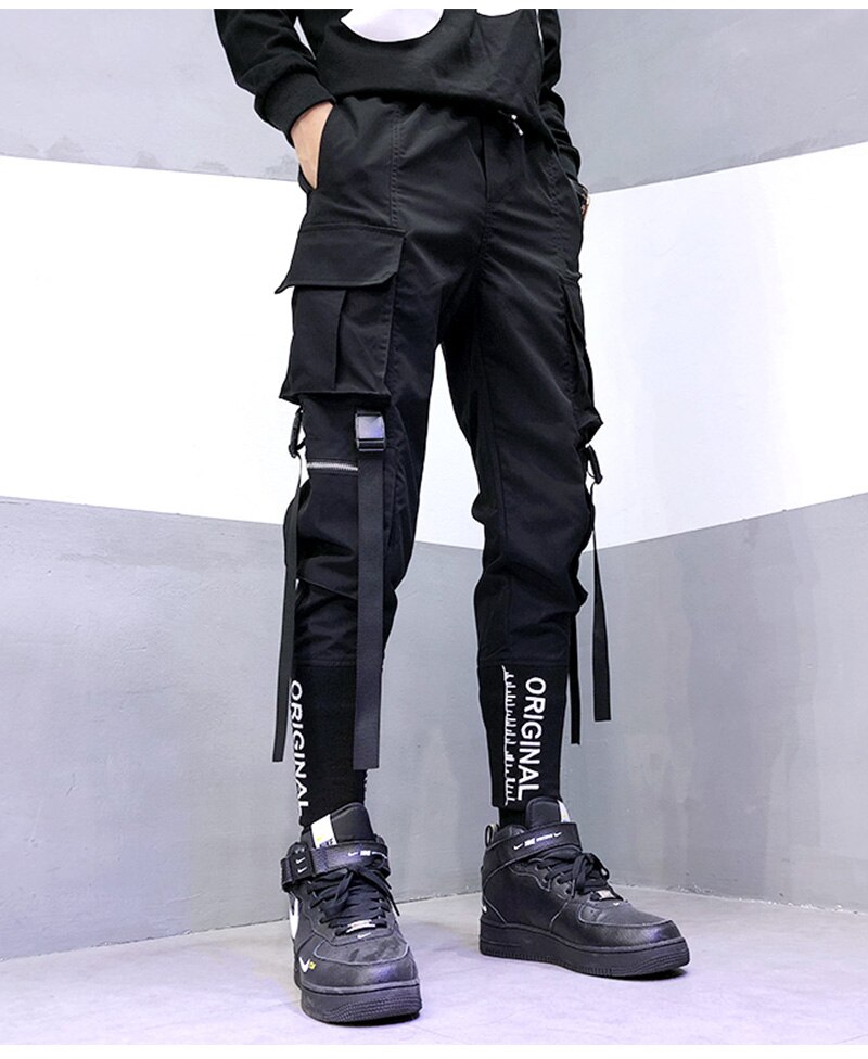 Hip Hop Men Ribbons Cargo Pants Fashion Harajuku 2020 New Elastic Waist Casual Streetwear Mens Joggers Trousers Black