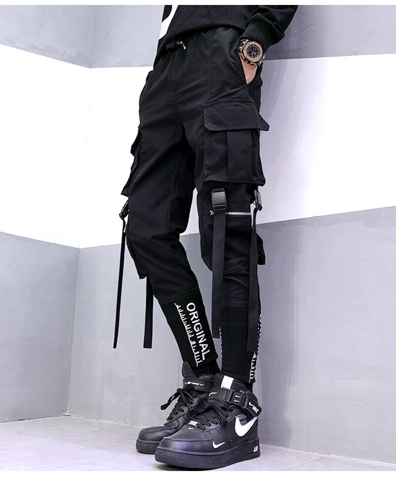 Hip Hop Men Ribbons Cargo Pants Fashion Harajuku 2020 New Elastic Waist Casual Streetwear Mens Joggers Trousers Black