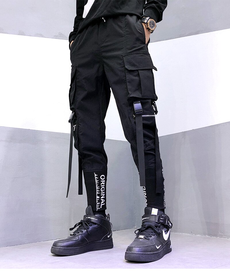 Hip Hop Men Ribbons Cargo Pants Fashion Harajuku 2020 New Elastic Waist Casual Streetwear Mens Joggers Trousers Black