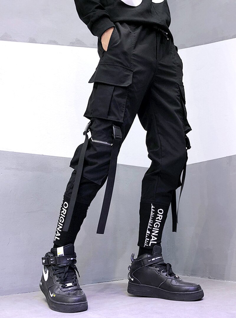 Hip Hop Men Ribbons Cargo Pants Fashion Harajuku 2020 New Elastic Waist Casual Streetwear Mens Joggers Trousers Black