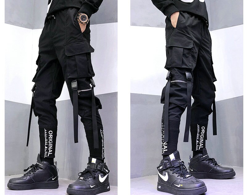 Hip Hop Men Ribbons Cargo Pants Fashion Harajuku 2020 New Elastic Waist Casual Streetwear Mens Joggers Trousers Black