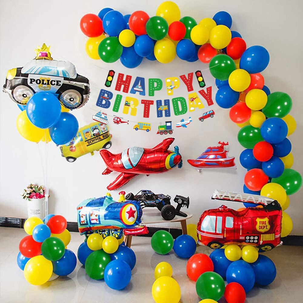 Boy Birthday Decoration Car Transport Happy Birthday Banner Yacht School Bus Fire Truck Plane Kids Party Transport Vehicles