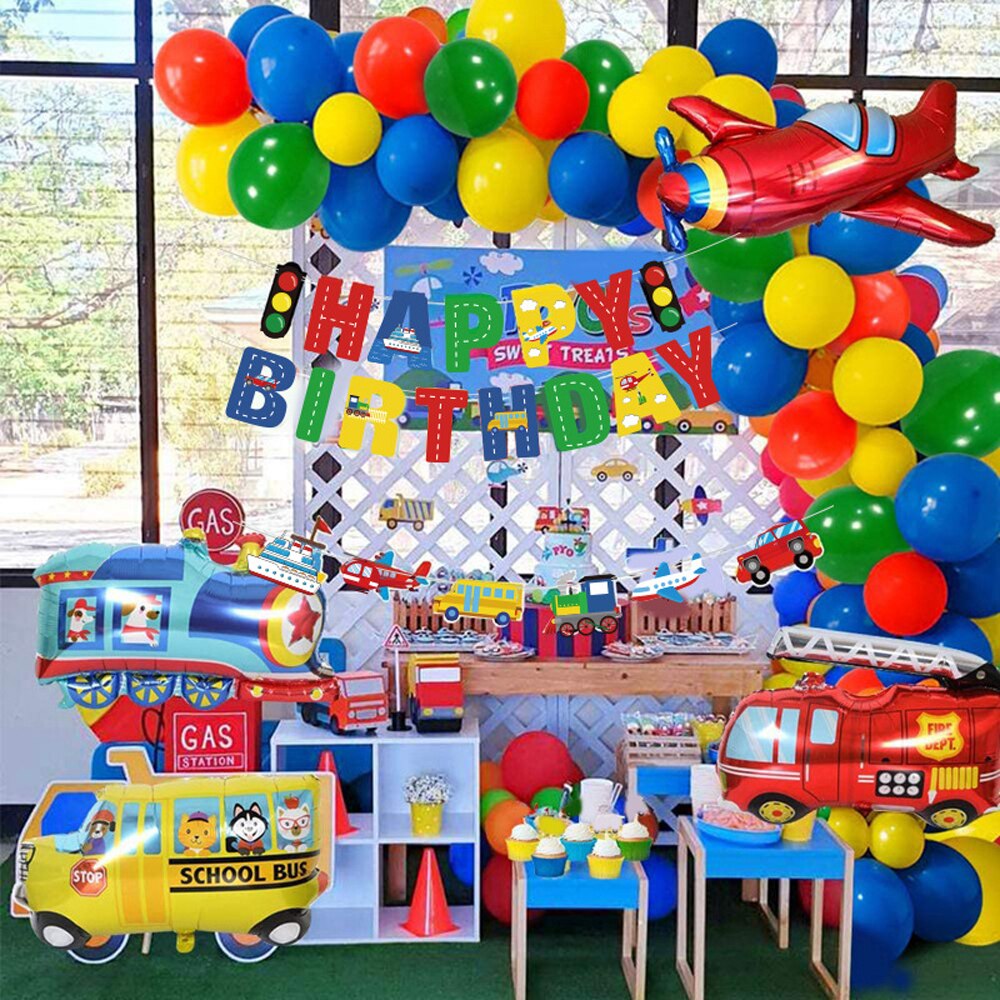 Boy Birthday Decoration Car Transport Happy Birthday Banner Yacht School Bus Fire Truck Plane Kids Party Transport Vehicles