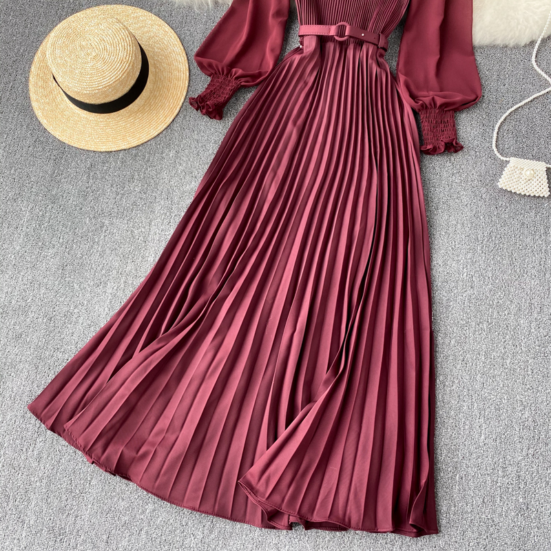 Vintage Women Pleated Long Dress Female Elegant Lantern Long Sleeve High Waist Red/Purple Draped Maxi Vestidos Spring Autumn New