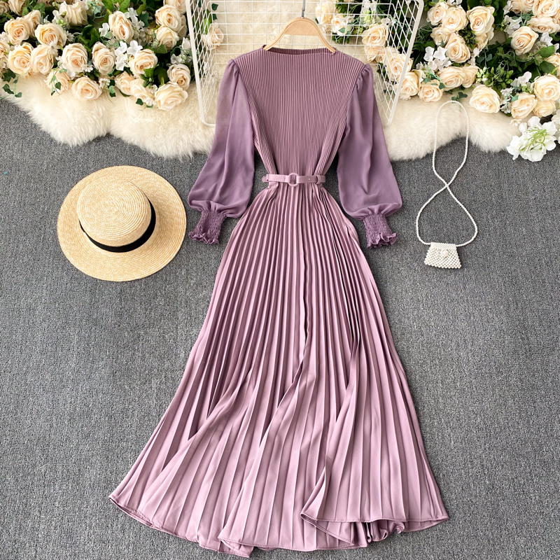 Vintage Women Pleated Long Dress Female Elegant Lantern Long Sleeve High Waist Red/Purple Draped Maxi Vestidos Spring Autumn New