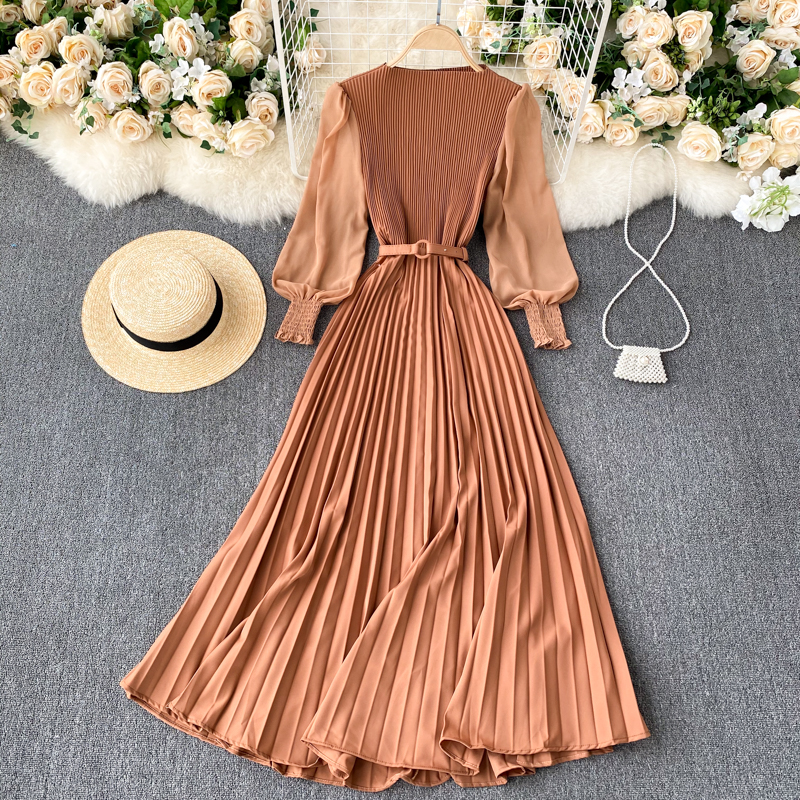 Vintage Women Pleated Long Dress Female Elegant Lantern Long Sleeve High Waist Red/Purple Draped Maxi Vestidos Spring Autumn New