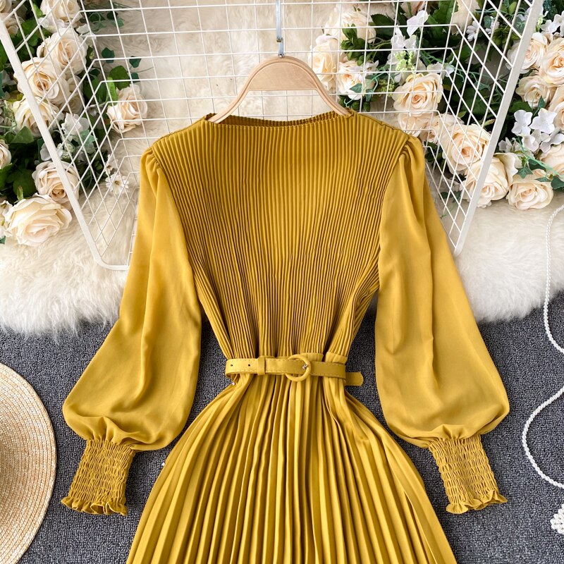 Vintage Women Pleated Long Dress Female Elegant Lantern Long Sleeve High Waist Red/Purple Draped Maxi Vestidos Spring Autumn New