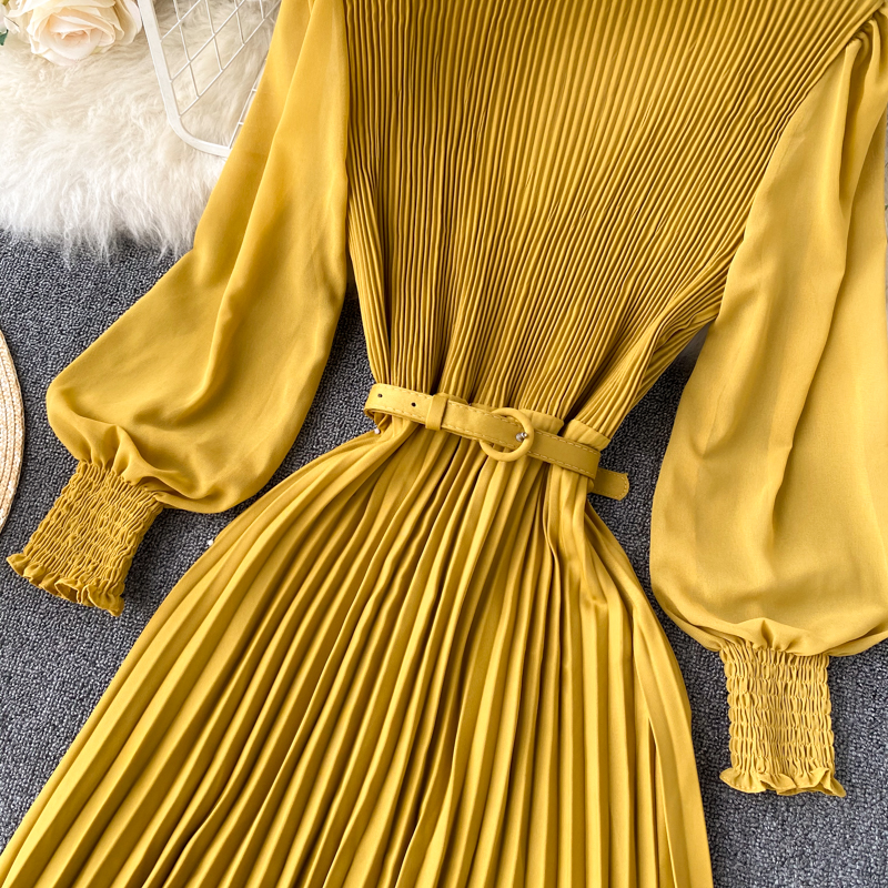 Vintage Women Pleated Long Dress Female Elegant Lantern Long Sleeve High Waist Red/Purple Draped Maxi Vestidos Spring Autumn New