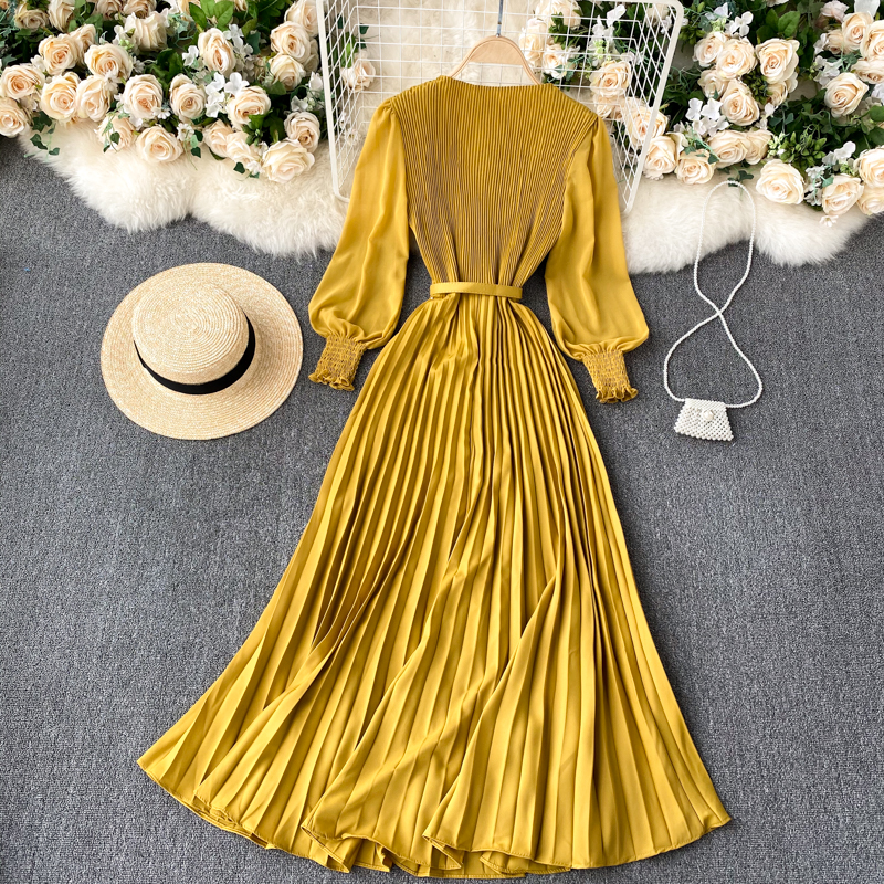 Vintage Women Pleated Long Dress Female Elegant Lantern Long Sleeve High Waist Red/Purple Draped Maxi Vestidos Spring Autumn New