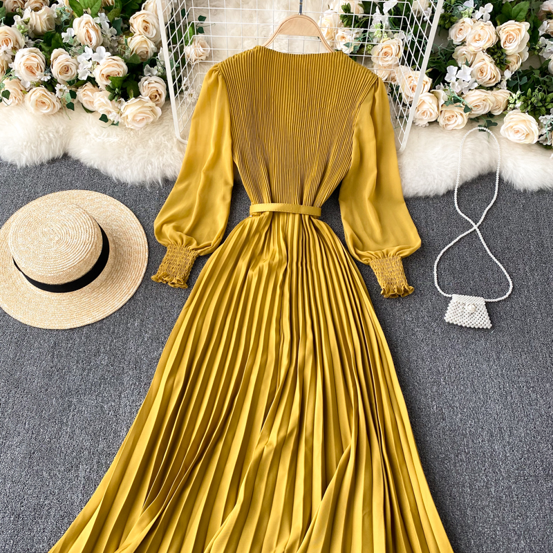 Vintage Women Pleated Long Dress Female Elegant Lantern Long Sleeve High Waist Red/Purple Draped Maxi Vestidos Spring Autumn New