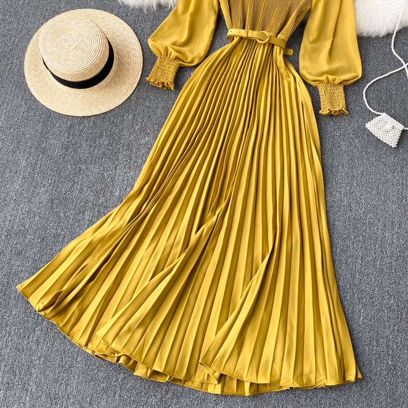 Vintage Women Pleated Long Dress Female Elegant Lantern Long Sleeve High Waist Red/Purple Draped Maxi Vestidos Spring Autumn New
