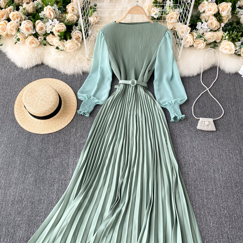 Vintage Women Pleated Long Dress Female Elegant Lantern Long Sleeve High Waist Red/Purple Draped Maxi Vestidos Spring Autumn New