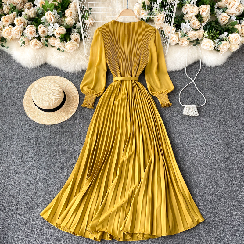 Vintage Women Pleated Long Dress Female Elegant Lantern Long Sleeve High Waist Red/Purple Draped Maxi Vestidos Spring Autumn New