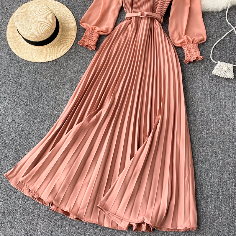 Vintage Women Pleated Long Dress Female Elegant Lantern Long Sleeve High Waist Red/Purple Draped Maxi Vestidos Spring Autumn New