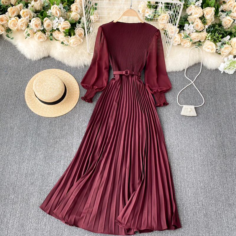 Vintage Women Pleated Long Dress Female Elegant Lantern Long Sleeve High Waist Red/Purple Draped Maxi Vestidos Spring Autumn New