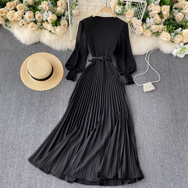 Vintage Women Pleated Long Dress Female Elegant Lantern Long Sleeve High Waist Red/Purple Draped Maxi Vestidos Spring Autumn New