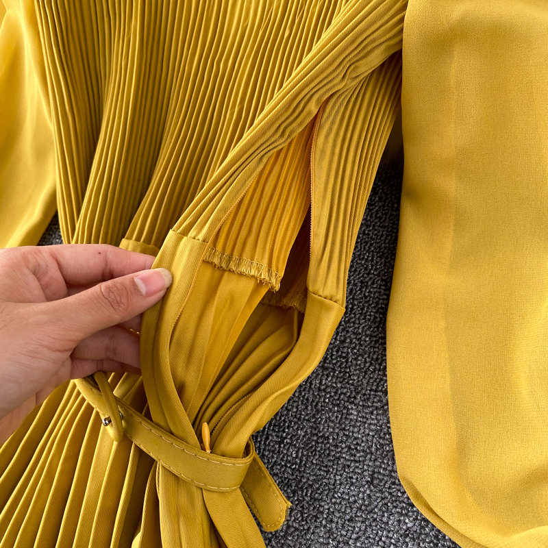 Vintage Women Pleated Long Dress Female Elegant Lantern Long Sleeve High Waist Red/Purple Draped Maxi Vestidos Spring Autumn New