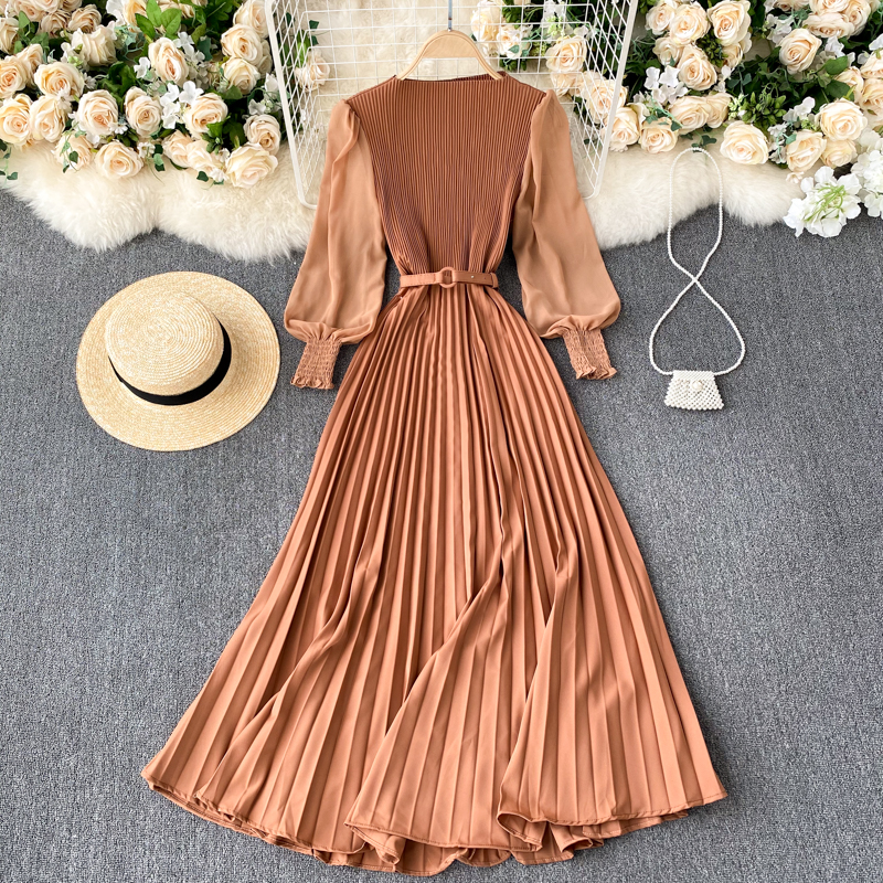 Vintage Women Pleated Long Dress Female Elegant Lantern Long Sleeve High Waist Red/Purple Draped Maxi Vestidos Spring Autumn New