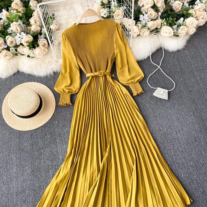 Vintage Women Pleated Long Dress Female Elegant Lantern Long Sleeve High Waist Red/Purple Draped Maxi Vestidos Spring Autumn New