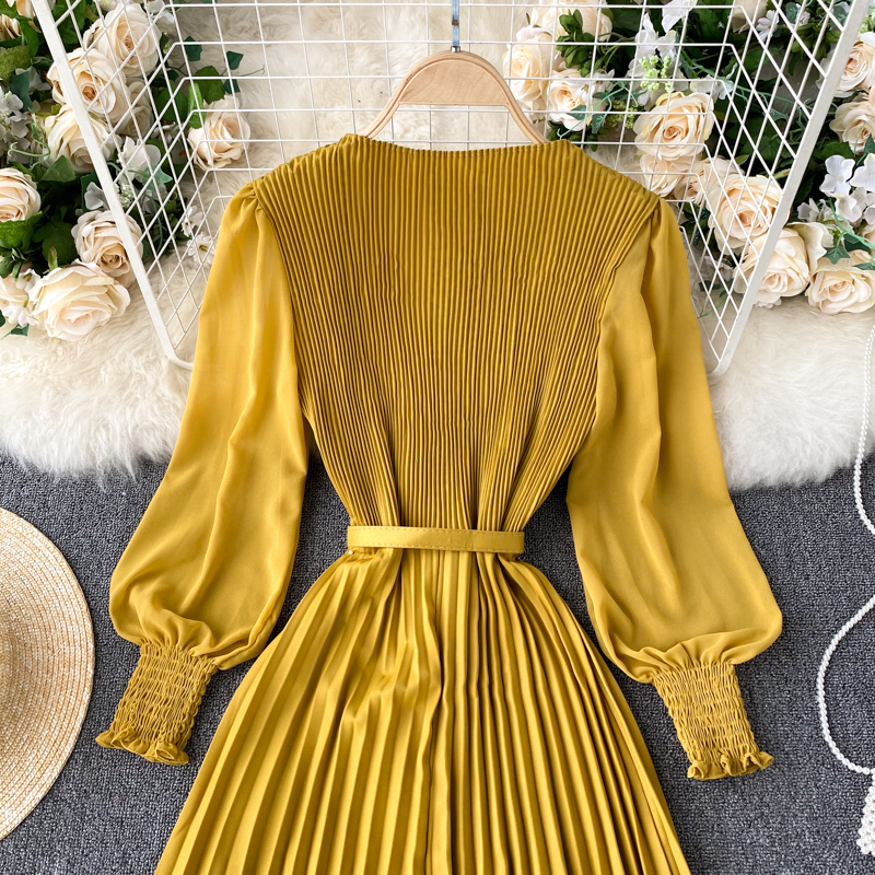Vintage Women Pleated Long Dress Female Elegant Lantern Long Sleeve High Waist Red/Purple Draped Maxi Vestidos Spring Autumn New