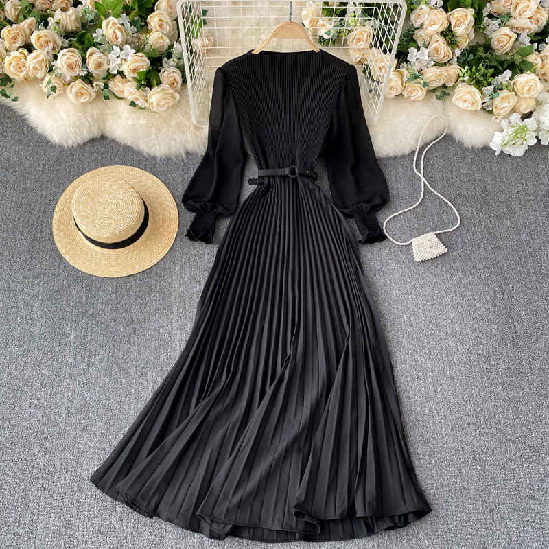 Vintage Women Pleated Long Dress Female Elegant Lantern Long Sleeve High Waist Red/Purple Draped Maxi Vestidos Spring Autumn New