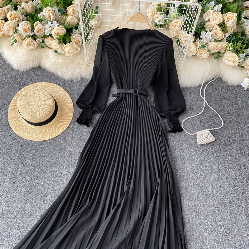 Vintage Women Pleated Long Dress Female Elegant Lantern Long Sleeve High Waist Red/Purple Draped Maxi Vestidos Spring Autumn New