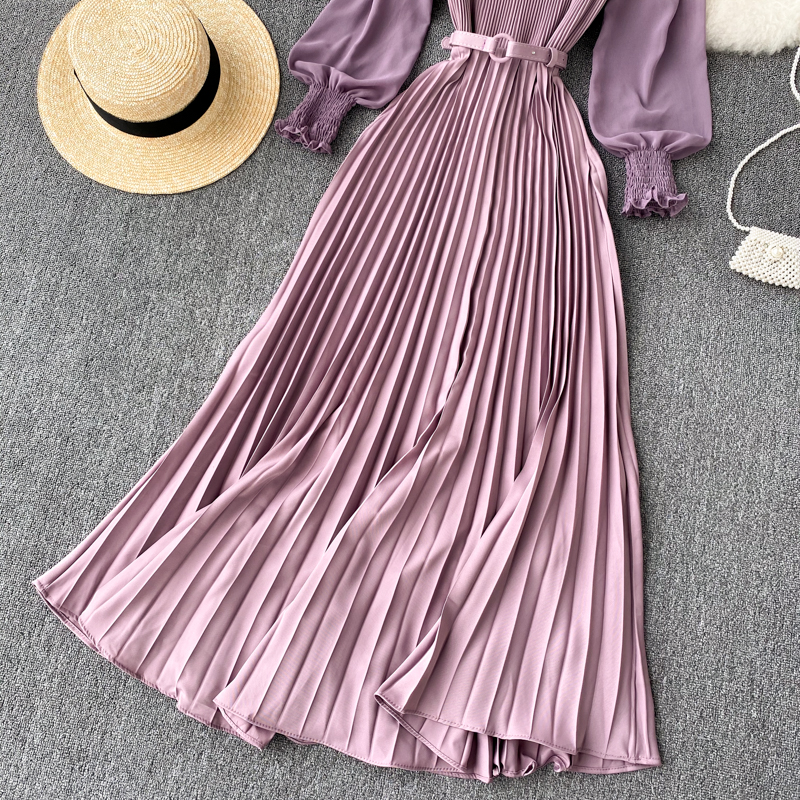 Vintage Women Pleated Long Dress Female Elegant Lantern Long Sleeve High Waist Red/Purple Draped Maxi Vestidos Spring Autumn New